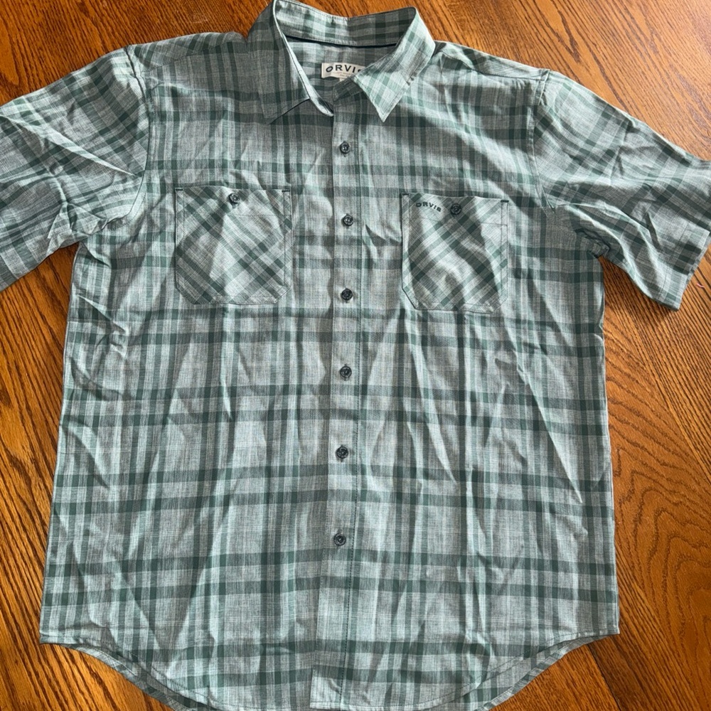 Orvis Men's Teal and Gray Plaid Short-Sleeve Button-Down Shirt